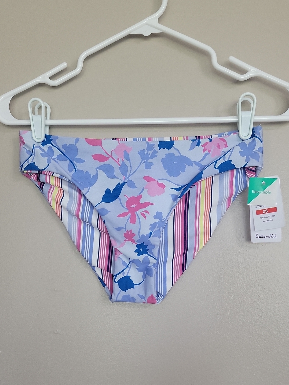 Splendid Reversible Floral & Striped Blue Pink Bikini Swimsuit Bottoms XS  NWT